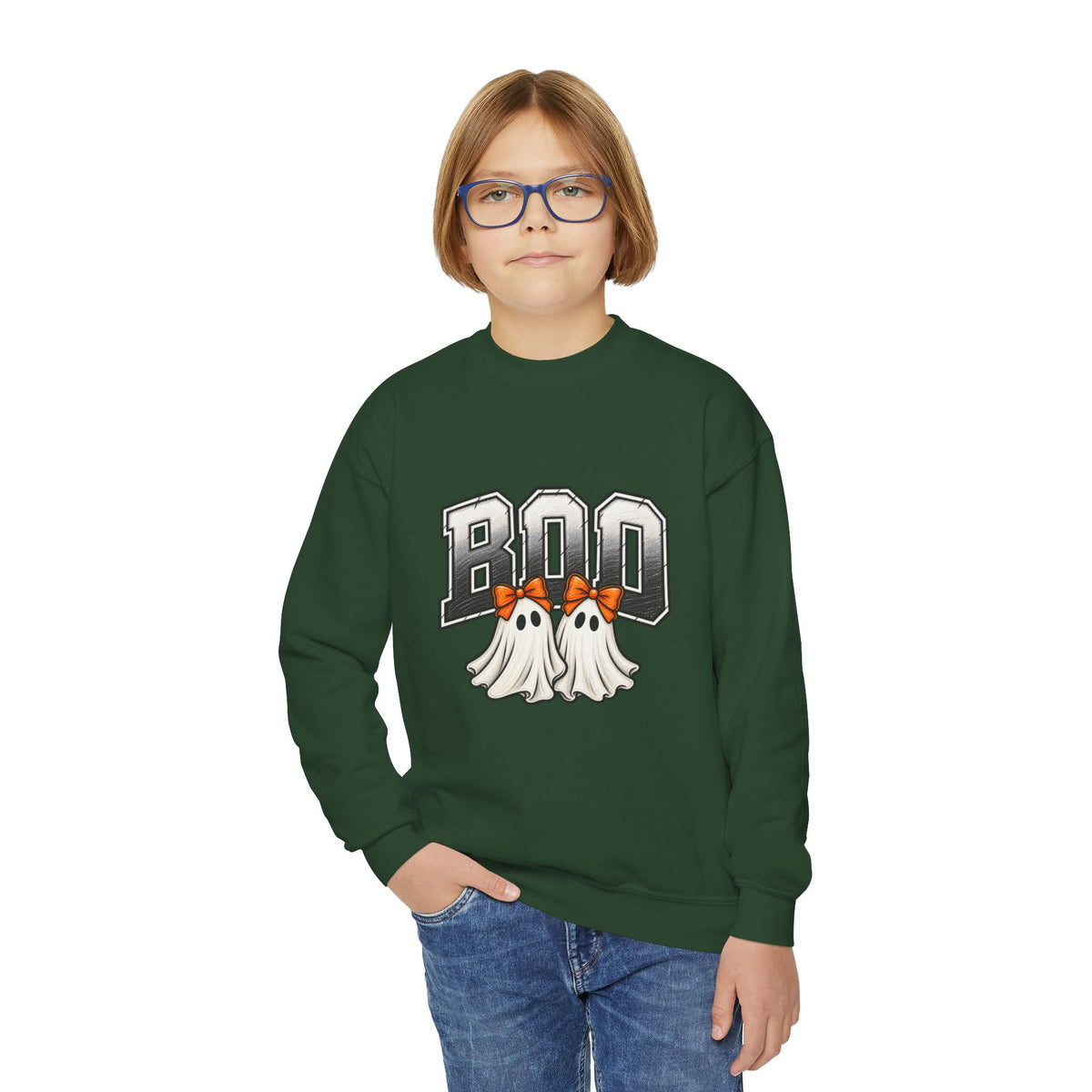 Youth Crewneck Sweatshirt — 'BOO' Ghost Trio Halloween Pullover