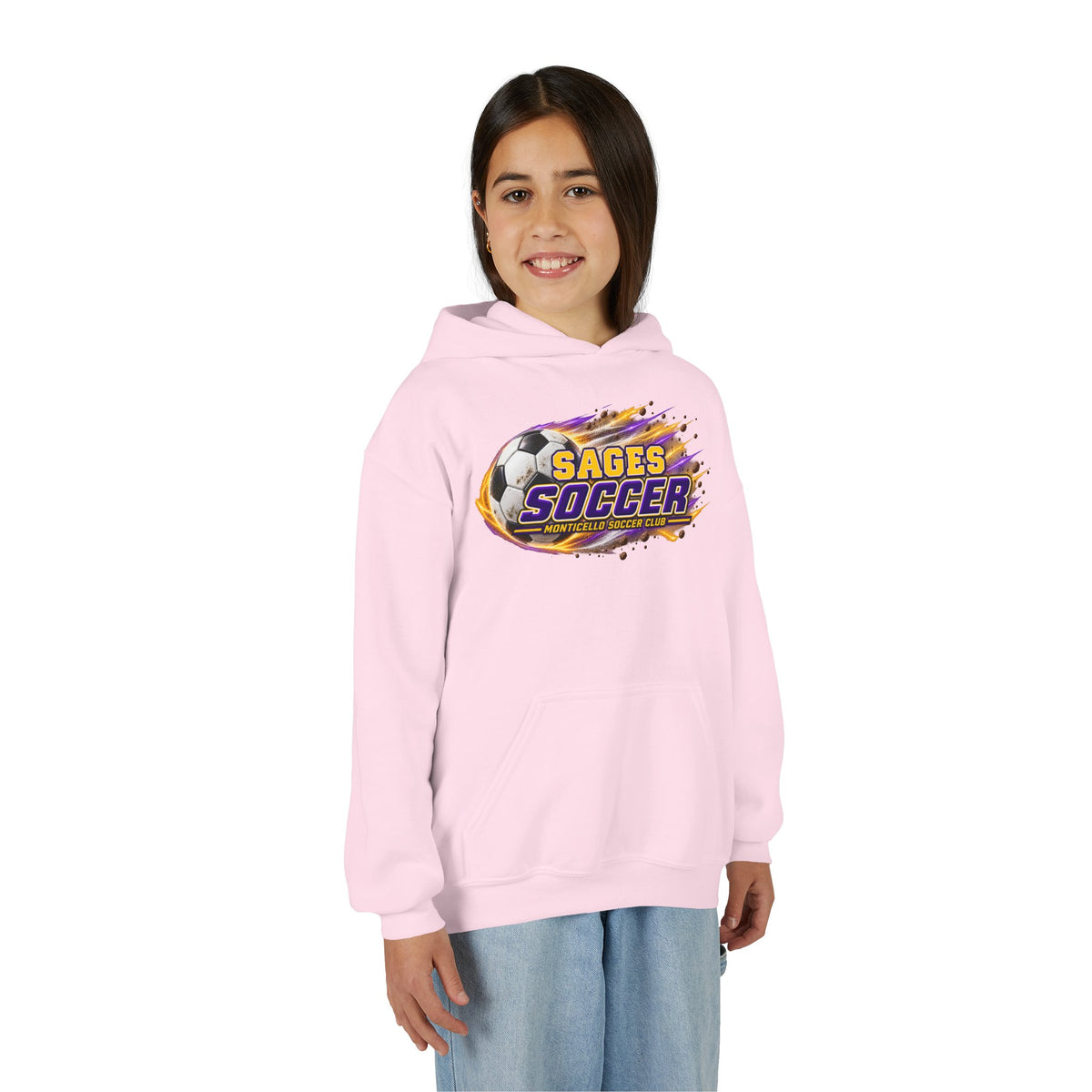 YOUTH Sages Soccer Hoodie — Purple & Gold Flame Graphic Sweatshirt with Hood