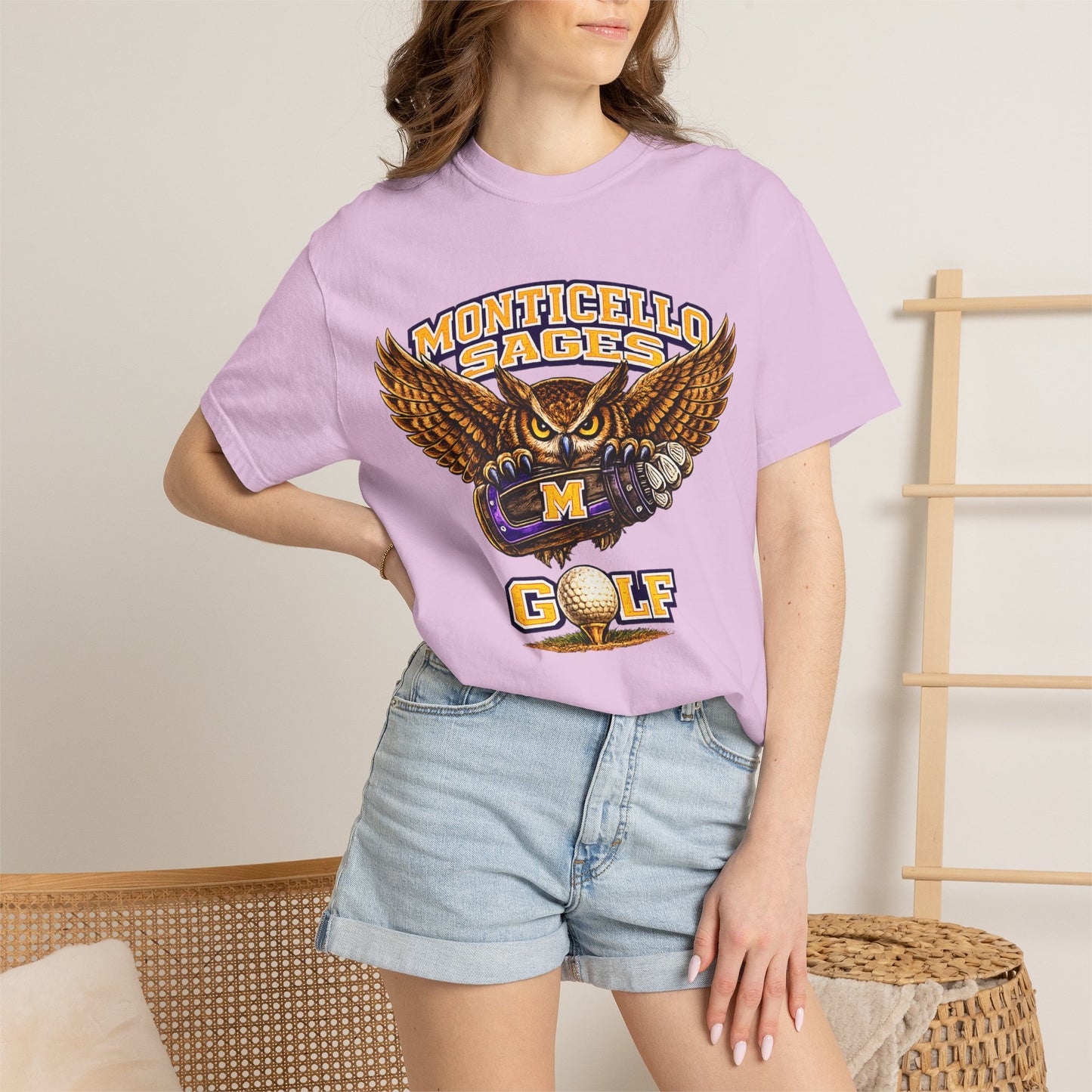 Monticello Sages Golf T-Shirt — Vintage Owl & Wings Team Tee