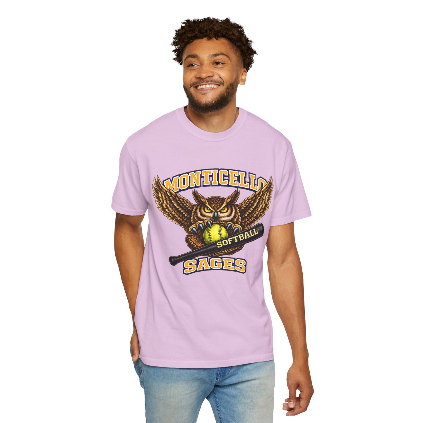 Monticello Sages Softball T-Shirt — Vintage Owl & Wings Team Tee
