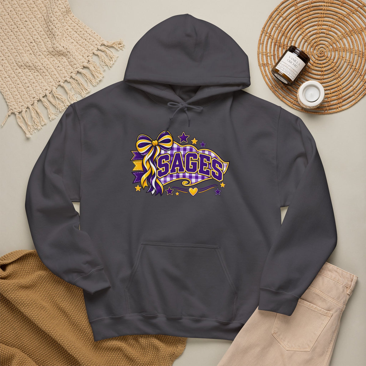 Sages Ribbon Logo Hoodie — Purple & Gold Cheer School Spirit Sweatshirt