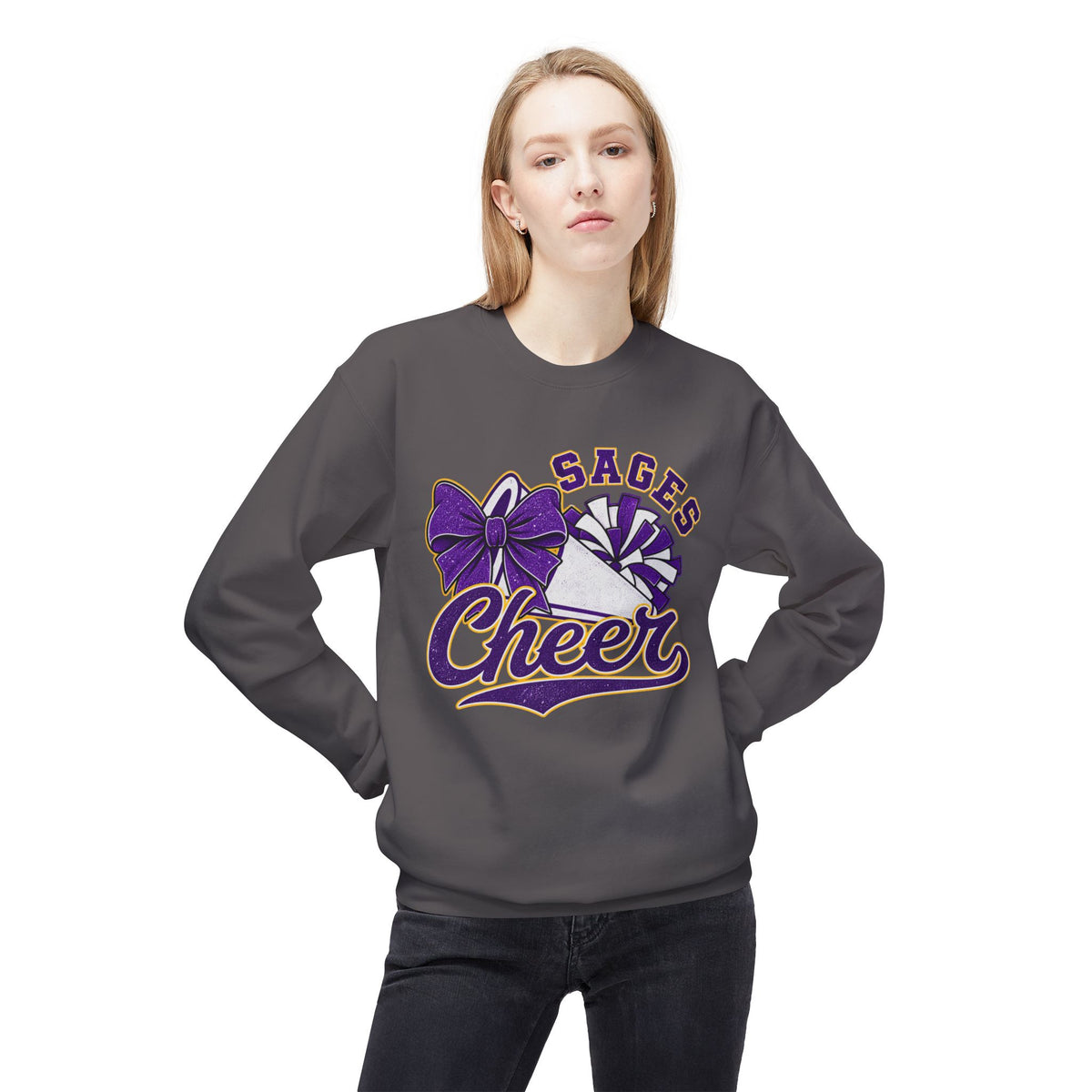 Sages Cheer Crewneck Sweatshirt - Purple Bow & Pom Design