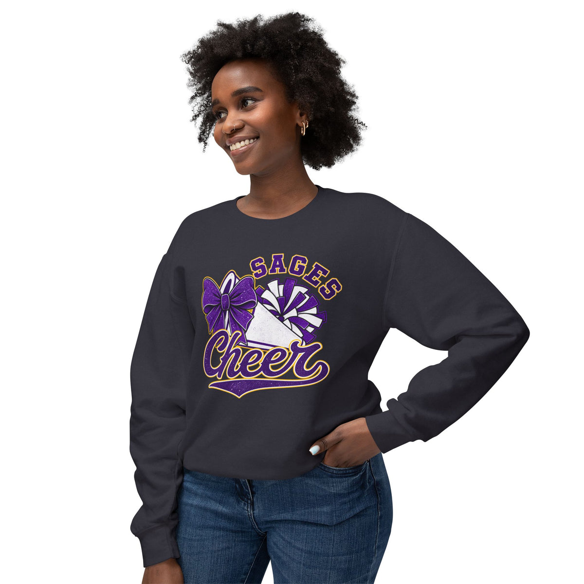 Sages Cheer Crewneck Sweatshirt — Purple Pom-Pom & Bow Cheerleader Pullover