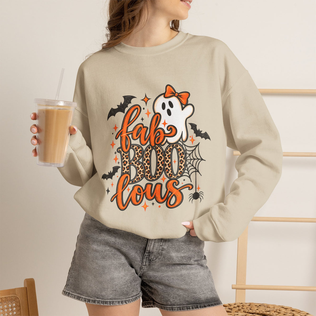 FabBOOlous Halloween Sweatshirt — Cute Ghost, Bats & Spiderweb Fall Crewneck