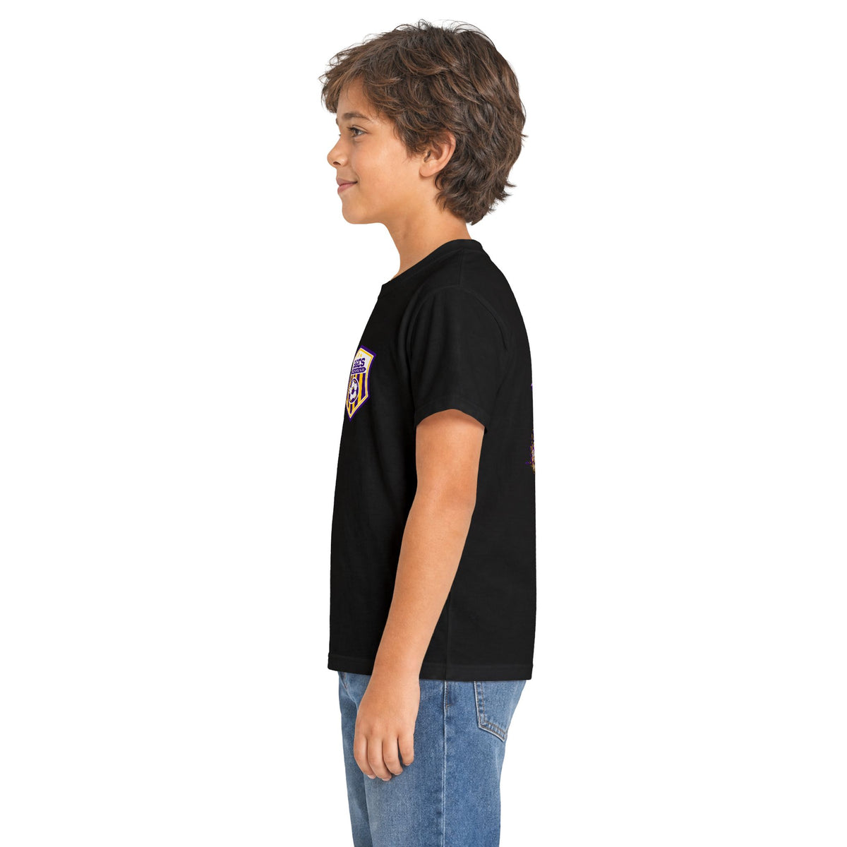 YOUTH Monticello Soccer Club Graphic Goal T Shirt - Crest on Front, Graphic Soccer Goal On Back