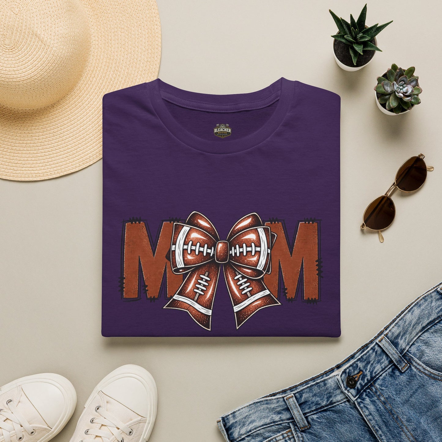 Football Mom T-Shirt — 'MOM' with Football Bow Graphic