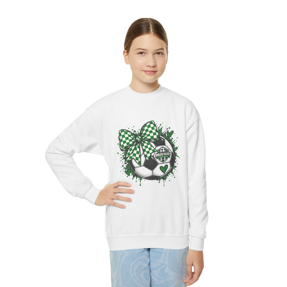 YOUTH Midstate Soccer Crest Crewneck — Green Bow Soccer Ball Sweatshirt