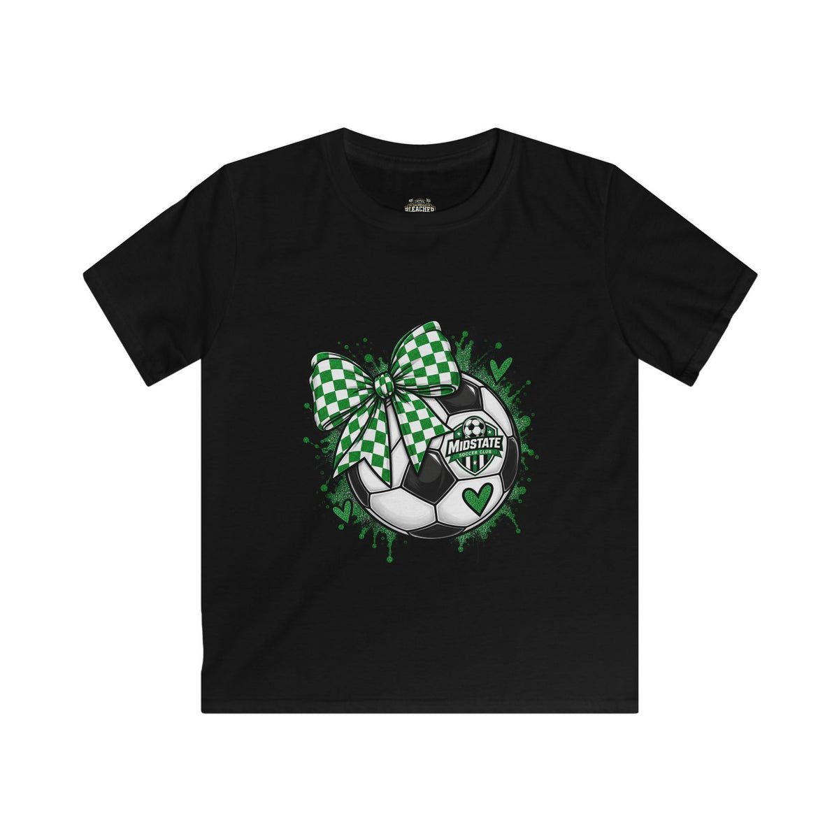 YOUTH Mid State Soccer Bow T-Shirt — Green Checkered Ribbon Soccer Ball Design