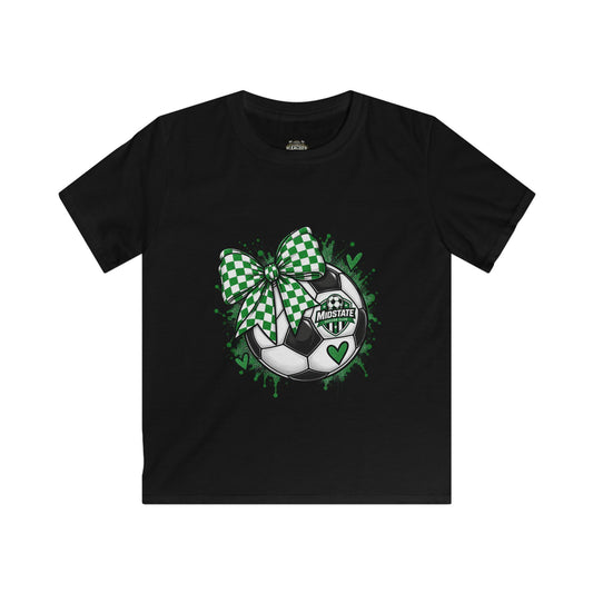YOUTH Mid State Soccer Bow T-Shirt — Green Checkered Ribbon Soccer Ball Design