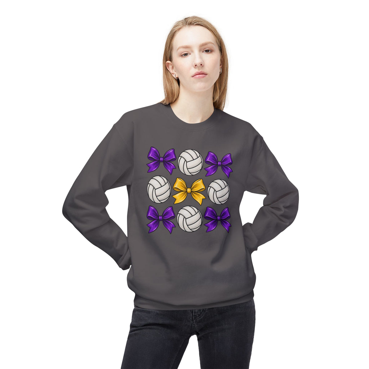 Volleyball & Bows Crewneck Sweatshirt — Purple & Gold Cheer Team Design