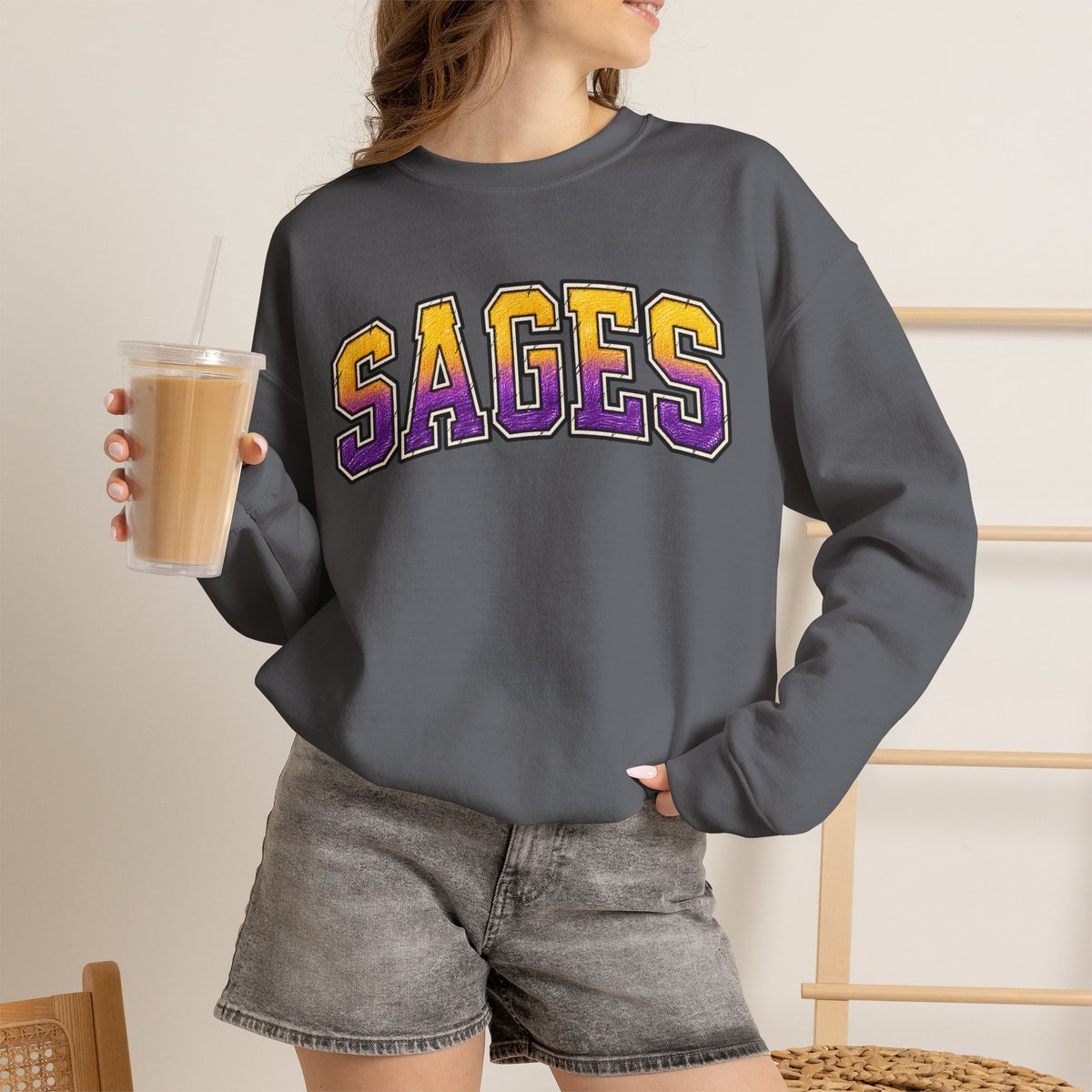 Sages Varsity Crewneck Sweatshirt — Retro Purple & Gold Collegiate Pullover