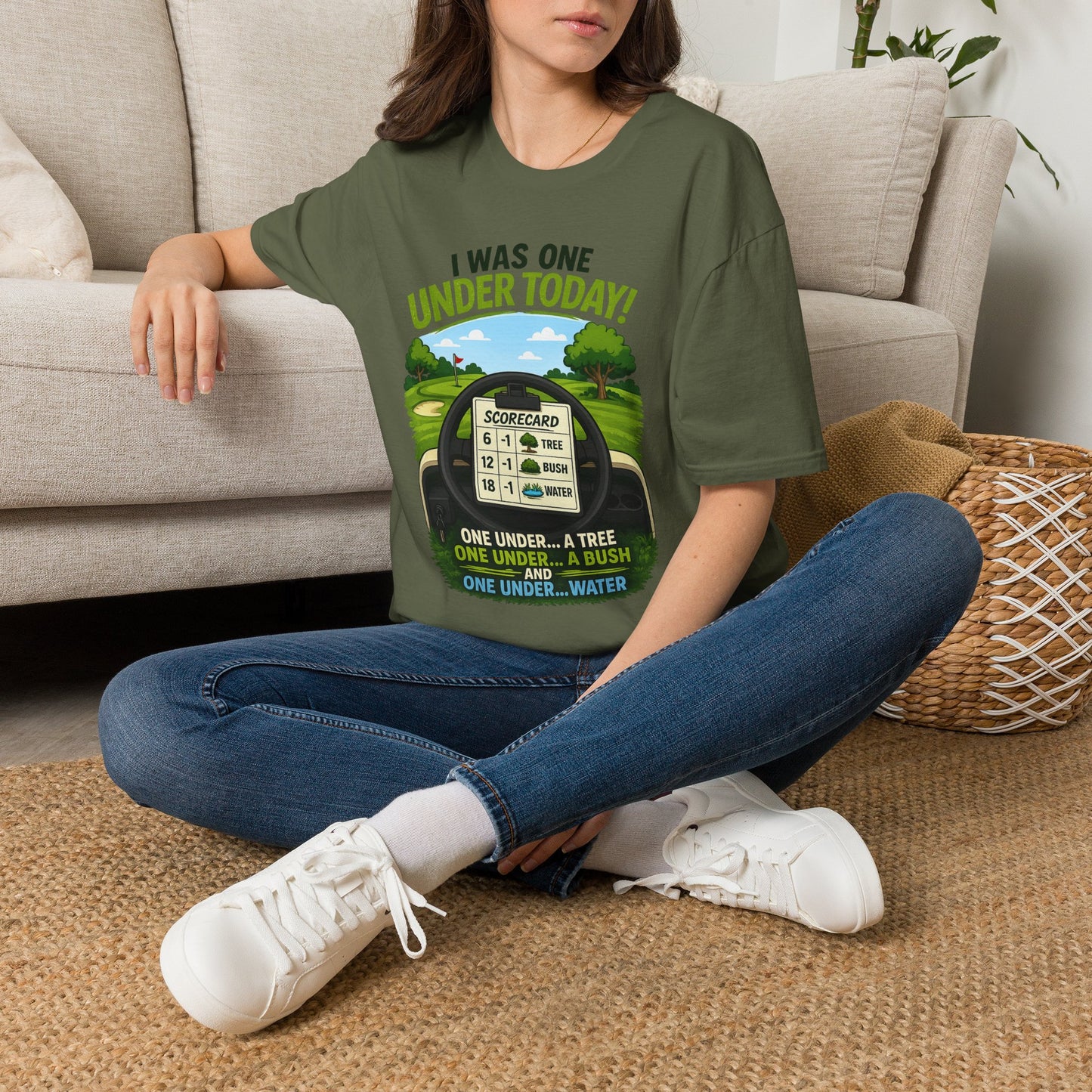 Golf T-Shirt — "I Was One Under Today!" ANIMATED VERSION - Scorecard Golf Humor Shirt