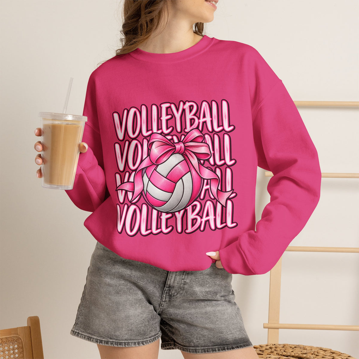 Volleyball Bow Sweatshirt — Pink Volleyball Graphic Crewneck