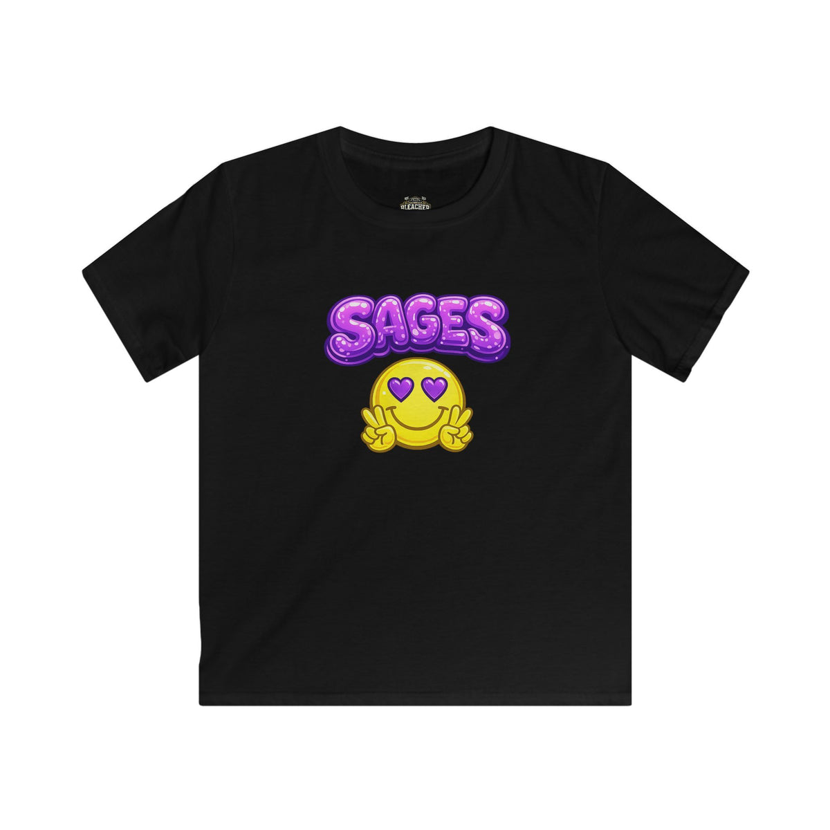 YOUTH Tee — "Sages" Purple Bubble Text with Heart-Eyes Smiley Graphic