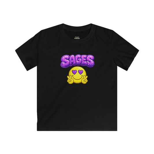 YOUTH Tee — "Sages" Purple Bubble Text with Heart-Eyes Smiley Graphic
