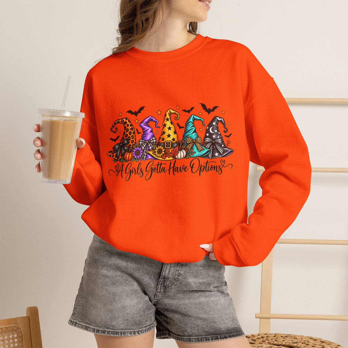Witch Hat Crewneck Sweatshirt - "A Girls Gotta Have Options" Halloween Pullover
