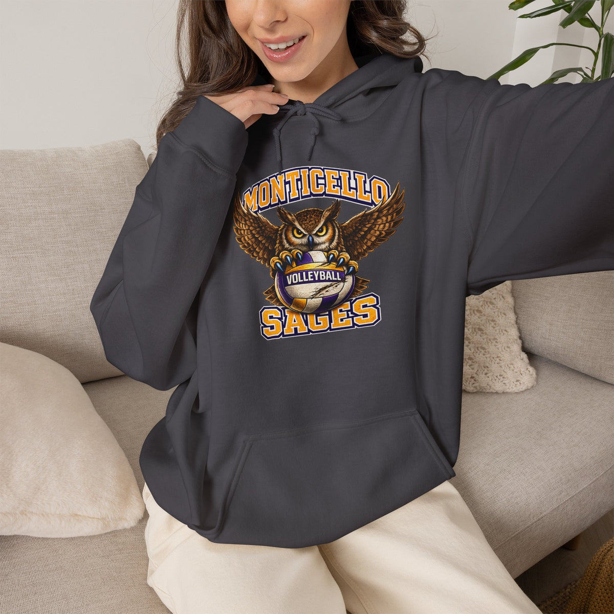 Monticello Sages Volleyball Hoodie — Wingspread Owl Mascot School Sweatshirt