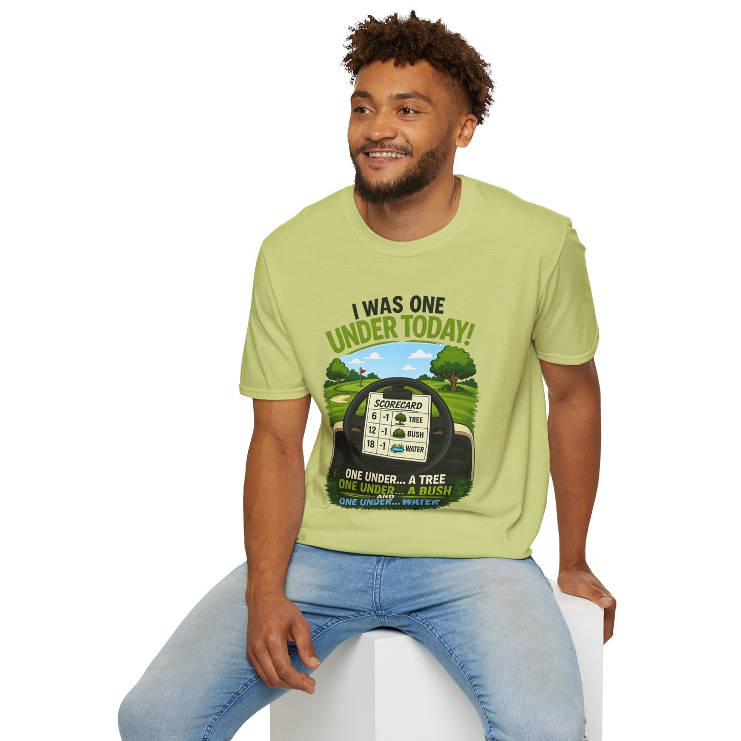 Golf T-Shirt — "I Was One Under Today!" ANIMATED VERSION - Scorecard Golf Humor Shirt