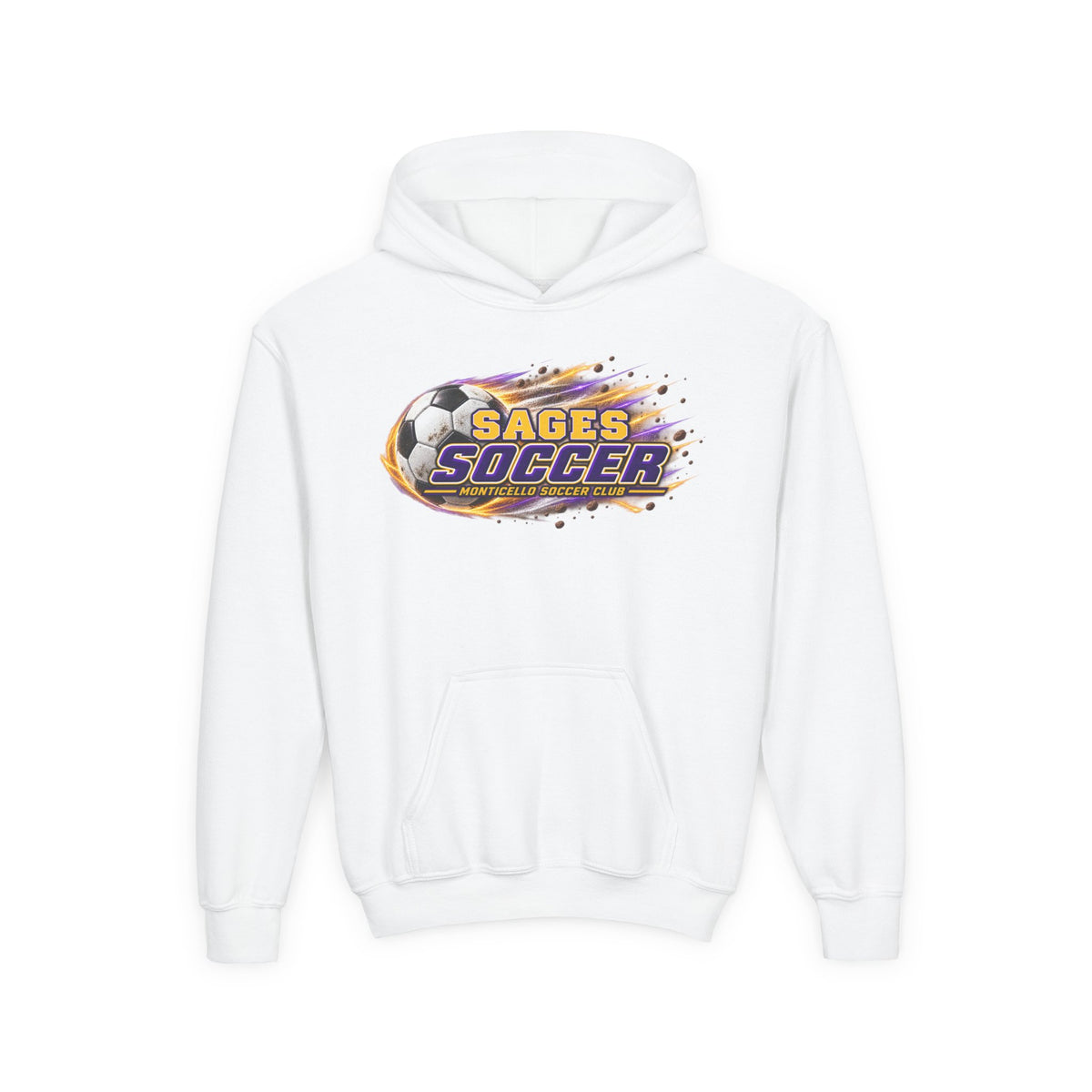 YOUTH Sages Soccer Hoodie — Purple & Gold Flame Graphic Sweatshirt with Hood