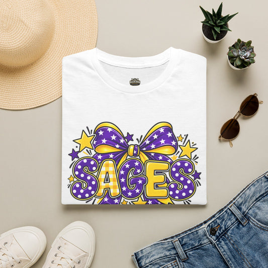 Sages T-Shirt — SAGES Cheer Bow Graphic Tee (Purple & Gold Stars)