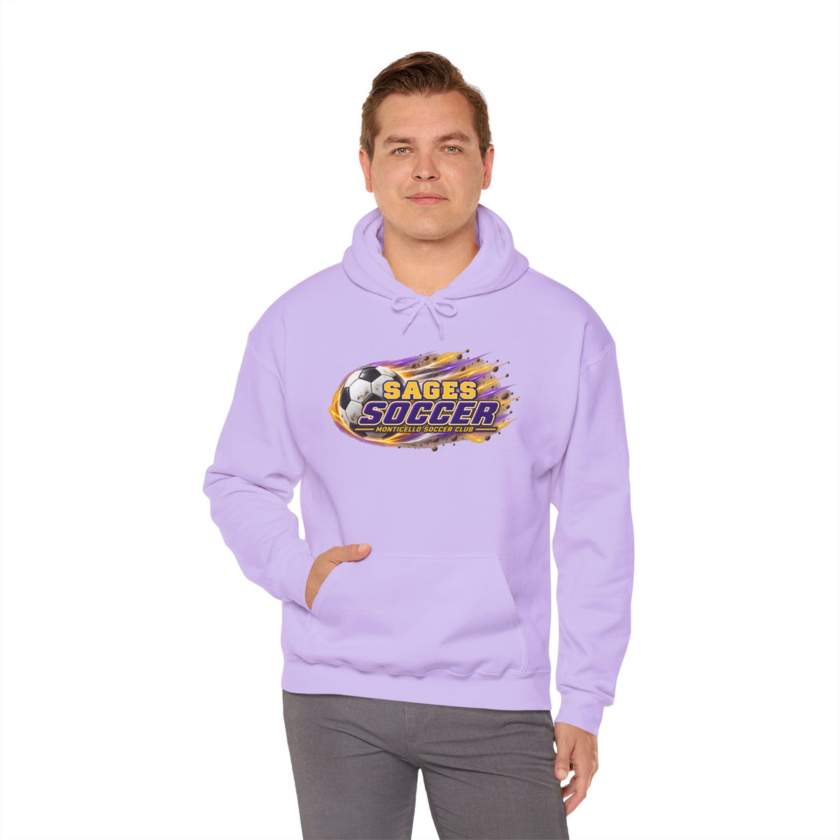 Sages Soccer Hoodie — Purple & Gold Flame Graphic Sweatshirt with Hood
