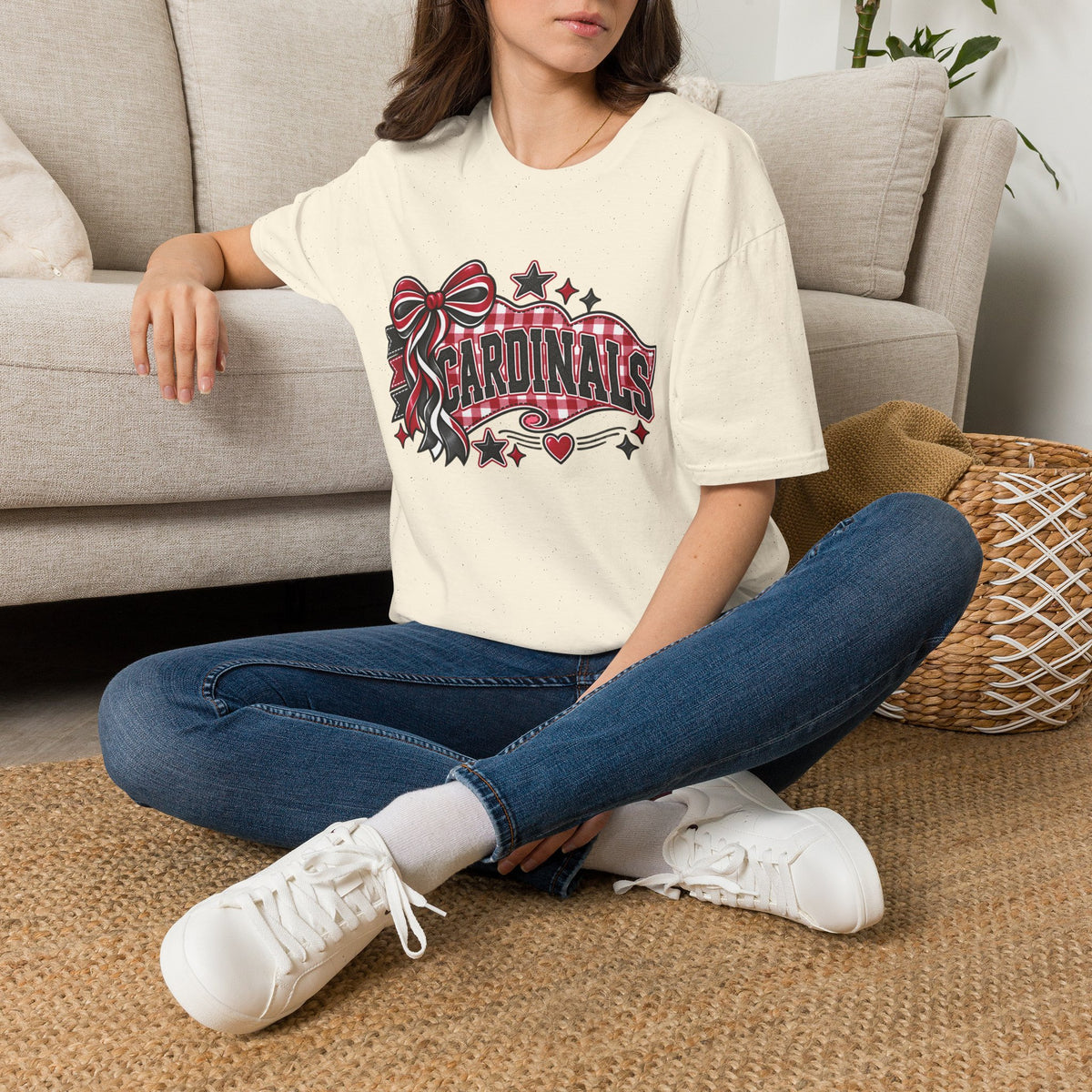 Cardinals Retro Bow T-Shirt — Cheerful Fan Tee with Stars & Heart