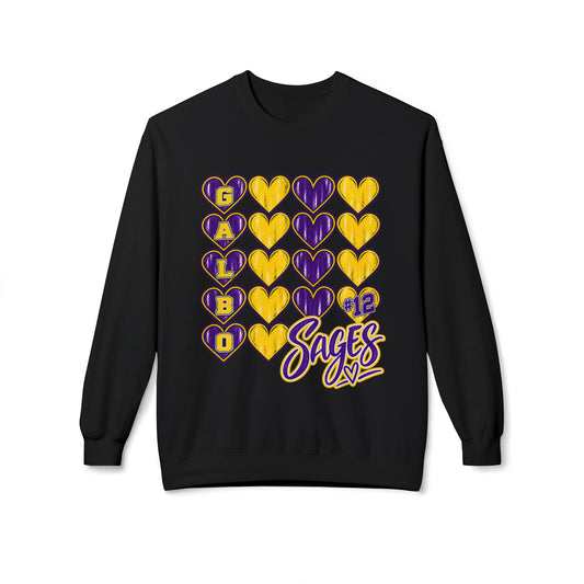 12 Galbo Sages Crewneck Sweatshirt – Gold & Purple Heart Grid Design