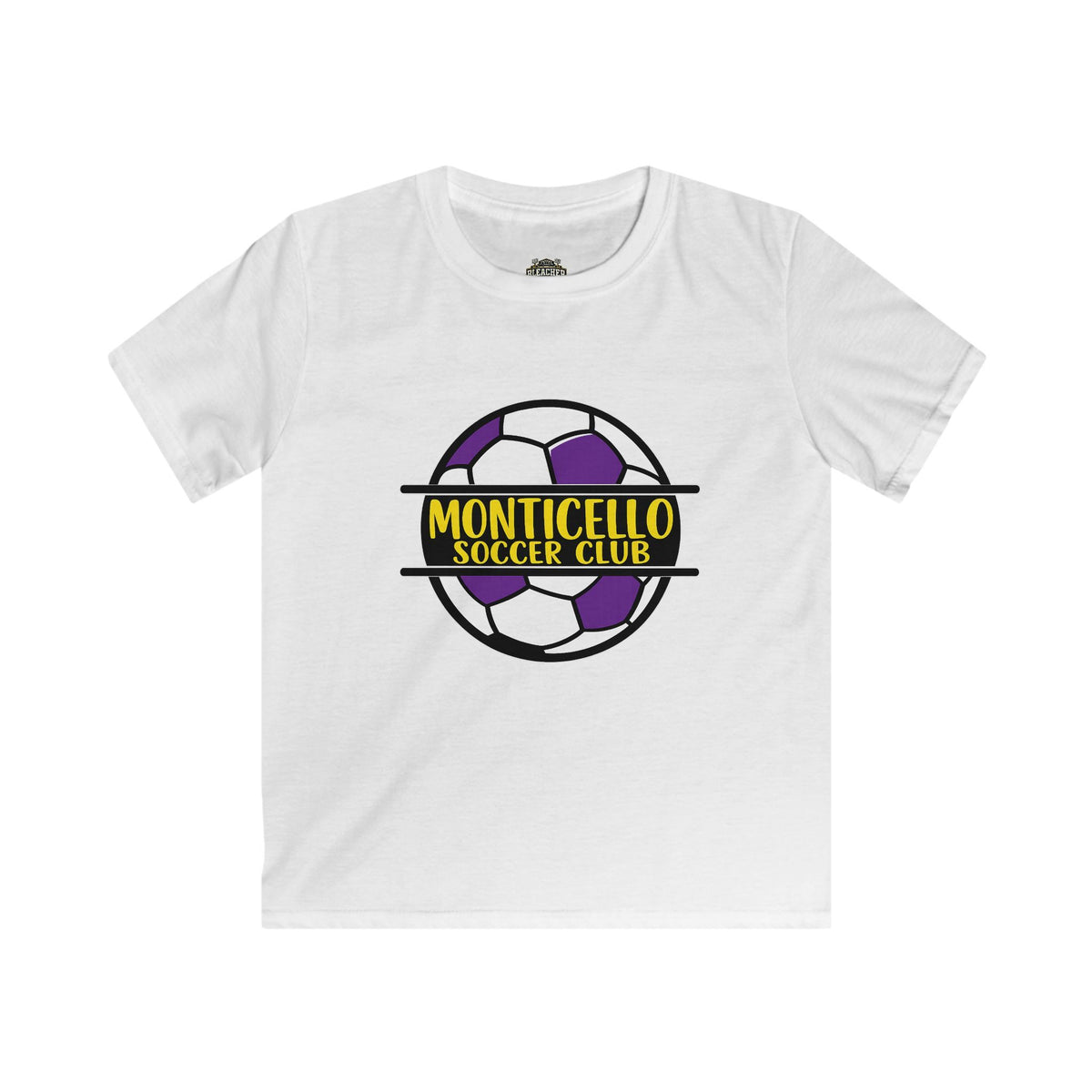 YOUTH Monticello Soccer Club Kids Tee — Youth Soccer Shirt with Purple & Yellow Ball Logo