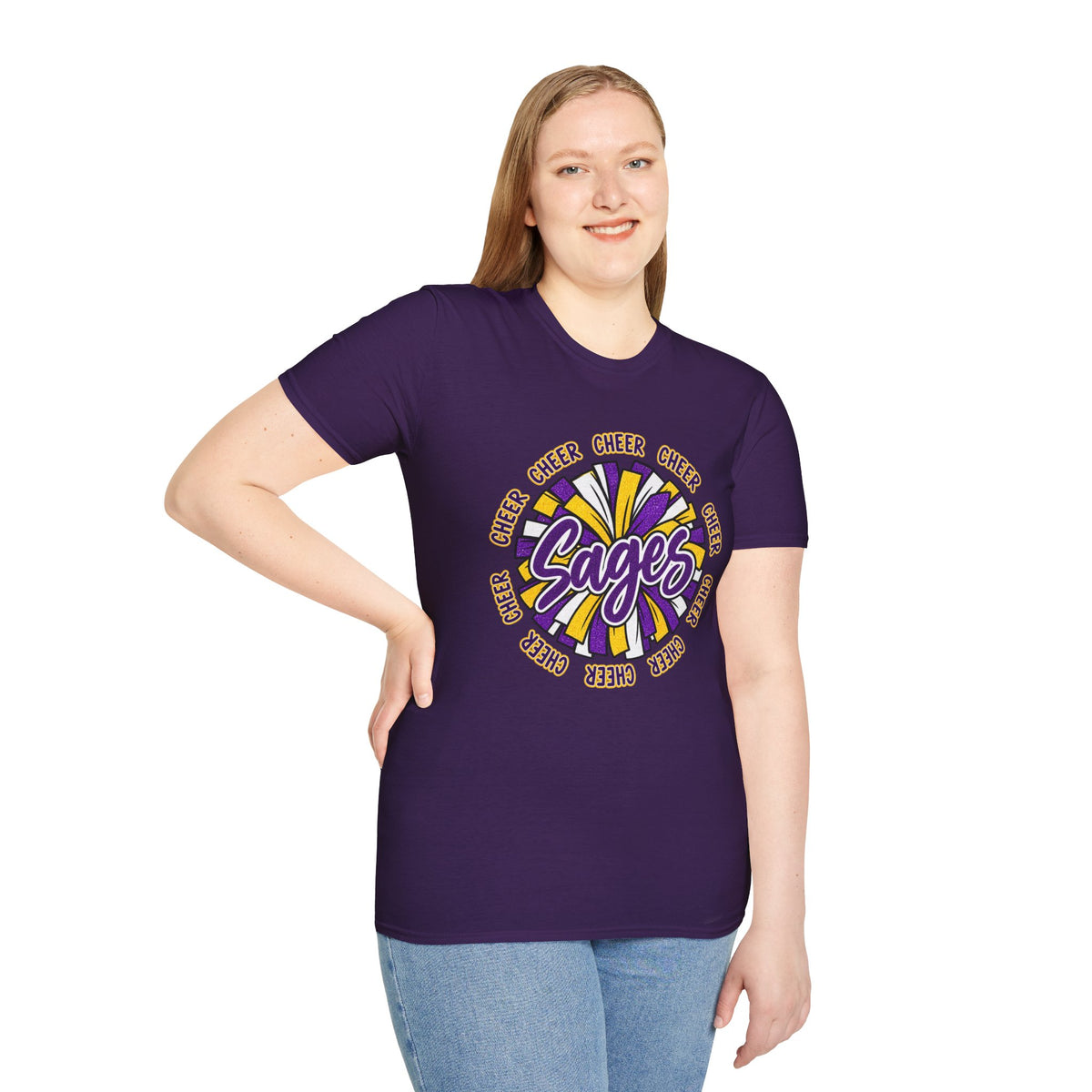 Sages Cheer T-Shirt — Purple & Gold Pom Design