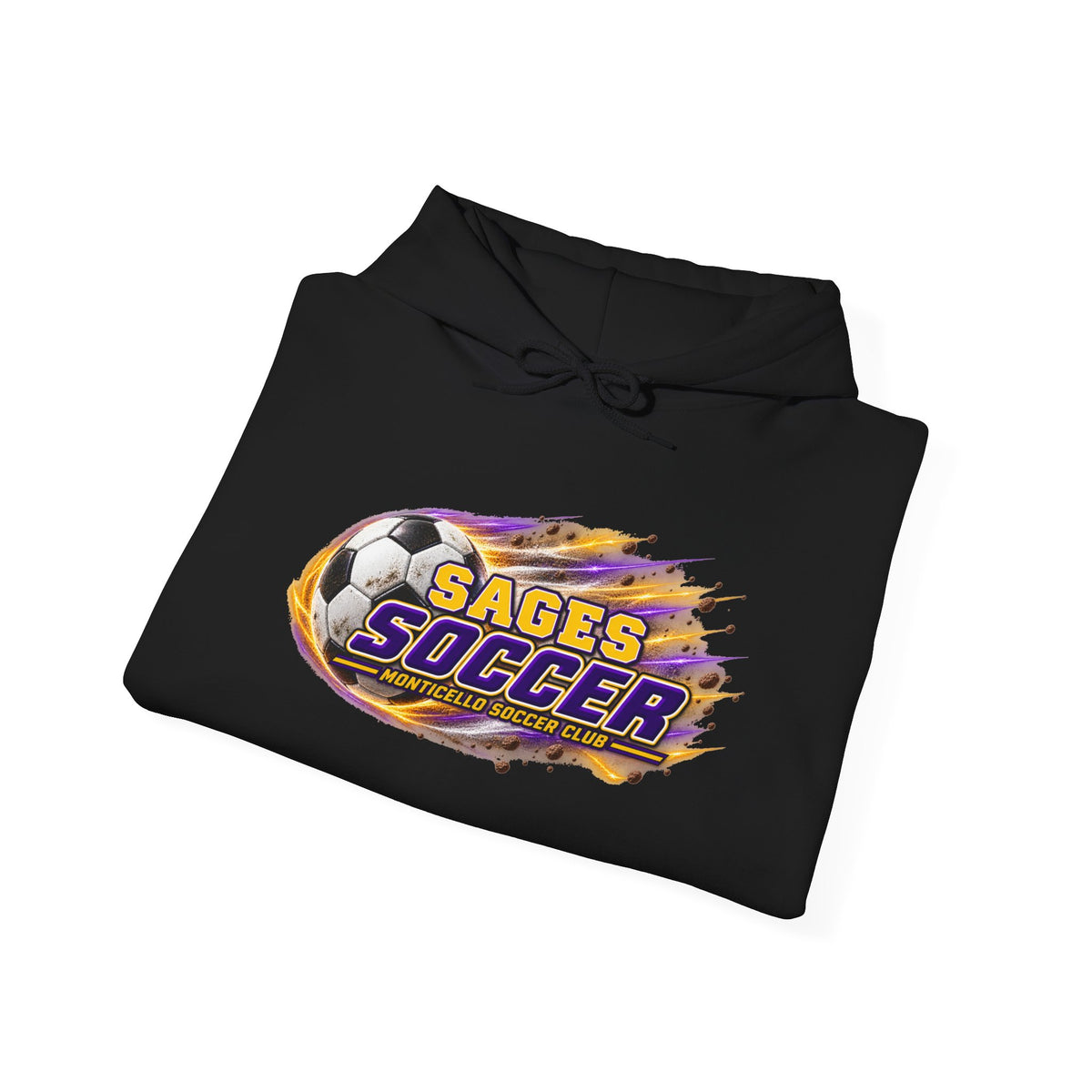 Sages Soccer Hoodie — Purple & Gold Flame Graphic Sweatshirt with Hood