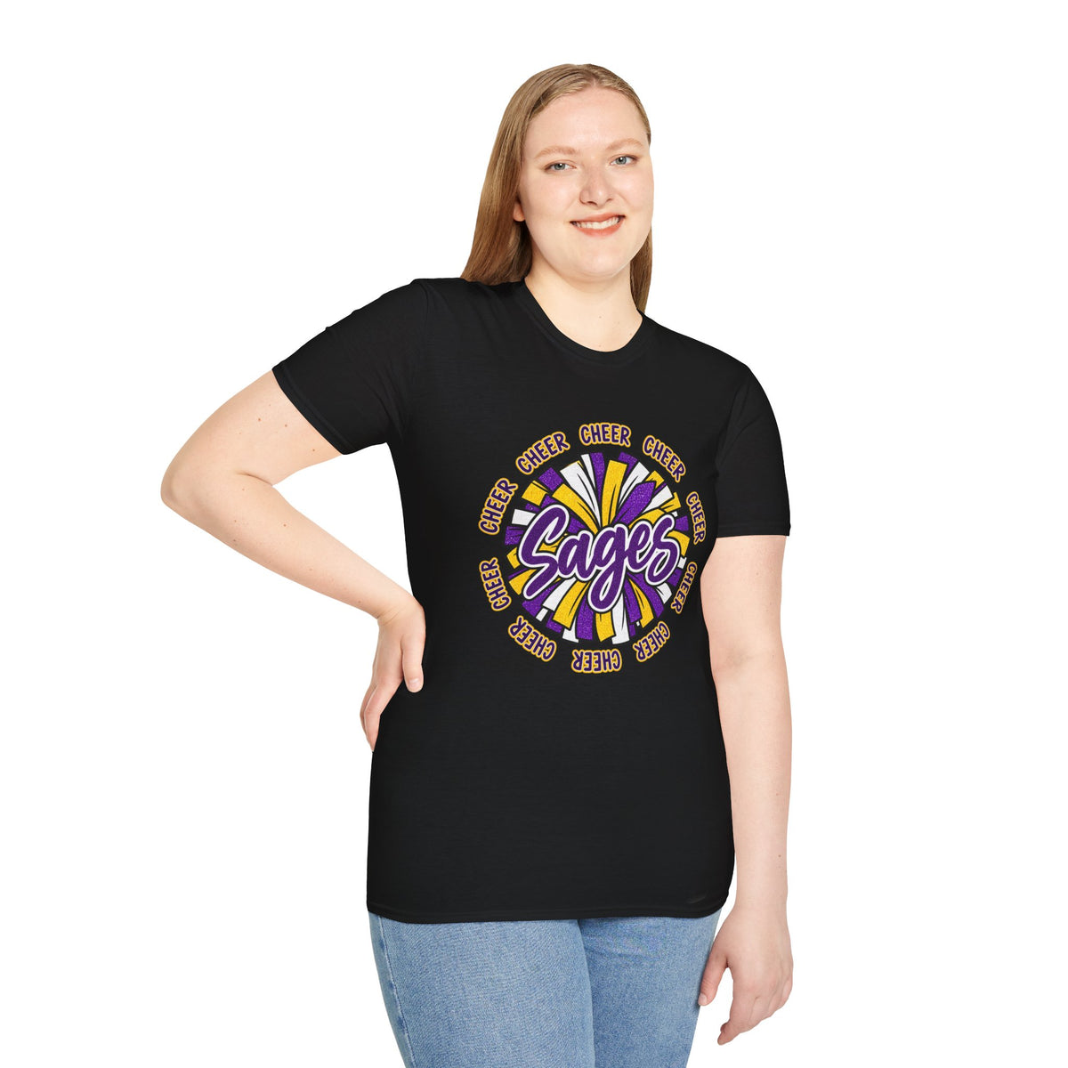 Sages Cheer T-Shirt — Purple & Gold Pom Design