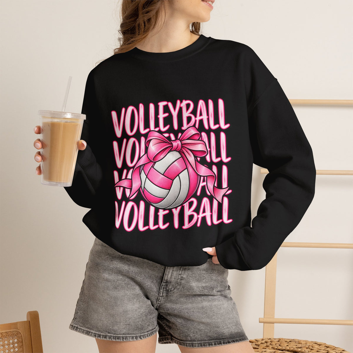 Volleyball Bow Sweatshirt — Pink Volleyball Graphic Crewneck
