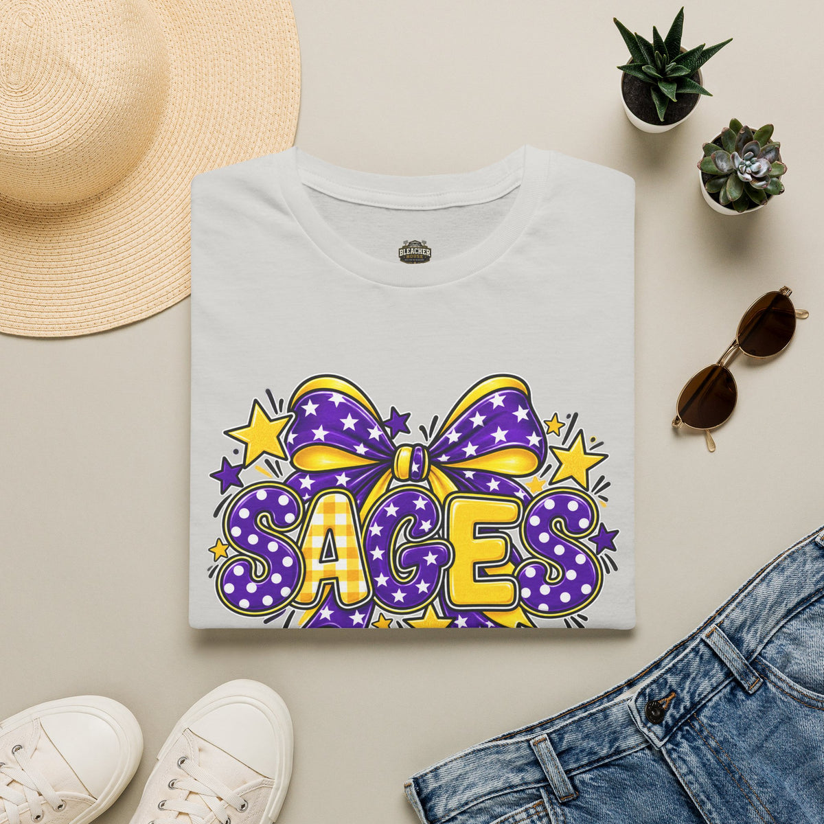 Sages T-Shirt — SAGES Cheer Bow Graphic Tee (Purple & Gold Stars)