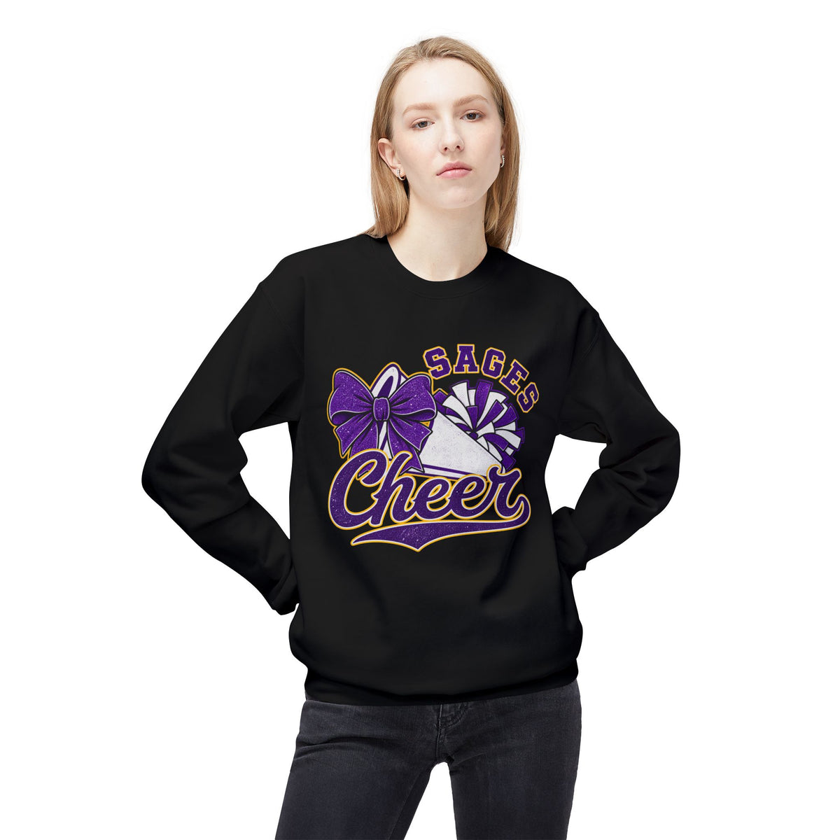 Sages Cheer Crewneck Sweatshirt - Purple Bow & Pom Design