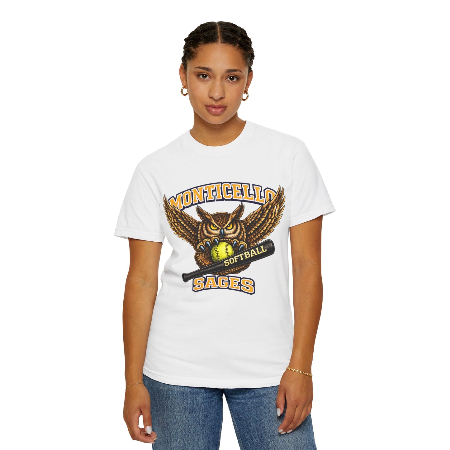 Monticello Sages Softball T-Shirt — Vintage Owl & Wings Team Tee