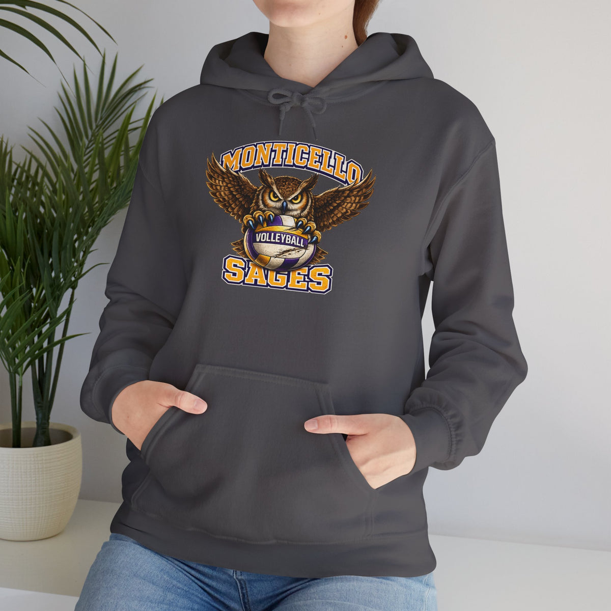 Monticello Sages Volleyball Hoodie — Wingspread Owl Mascot School Sweatshirt