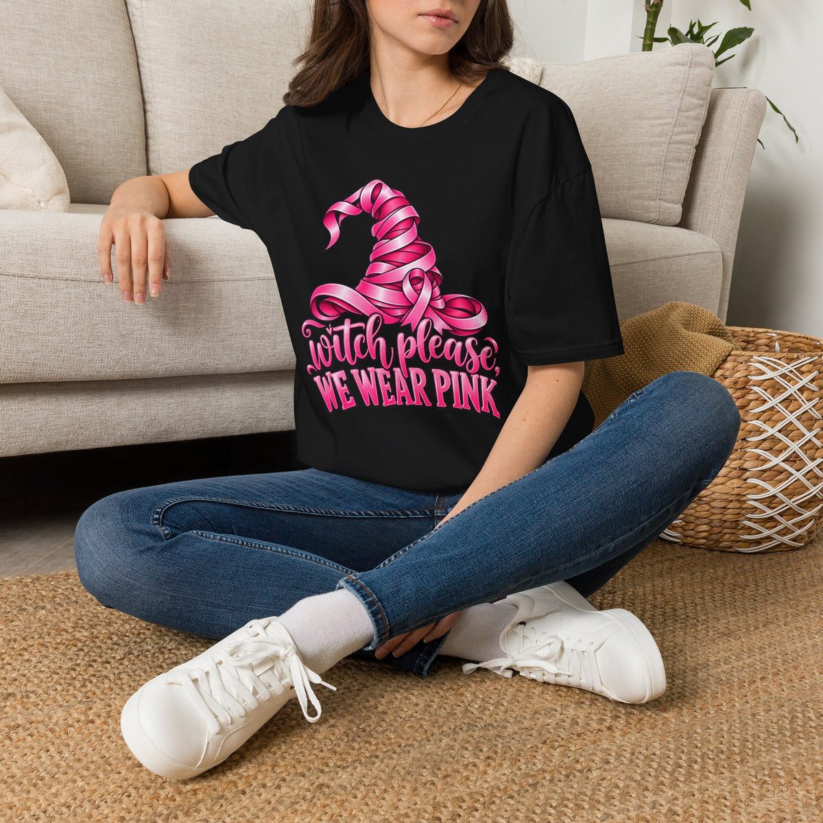Witch Please We Wear Pink T-Shirt — Pink Witch Hat Breast Cancer Awareness Tee