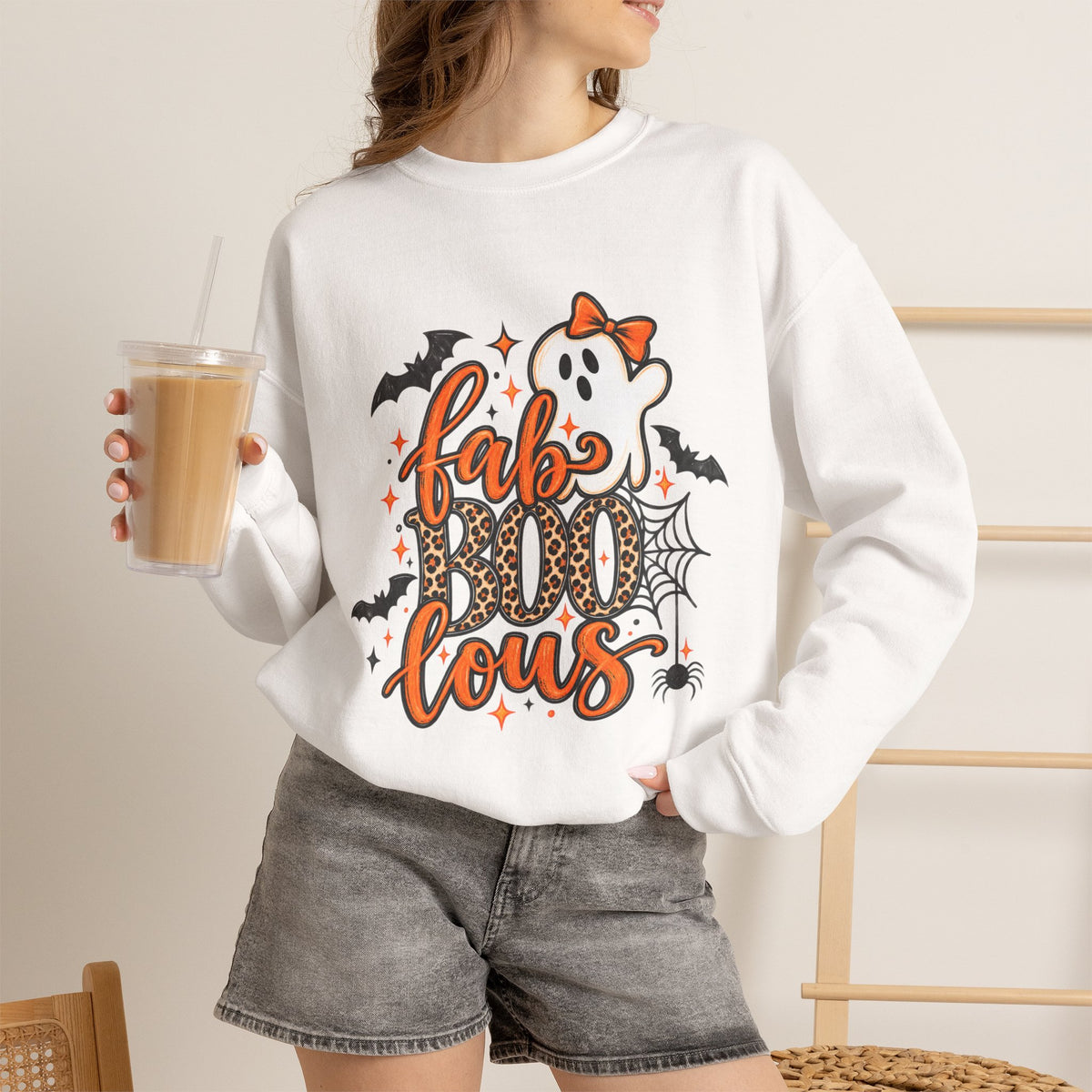 FabBOOlous Halloween Sweatshirt — Cute Ghost, Bats & Spiderweb Fall Crewneck