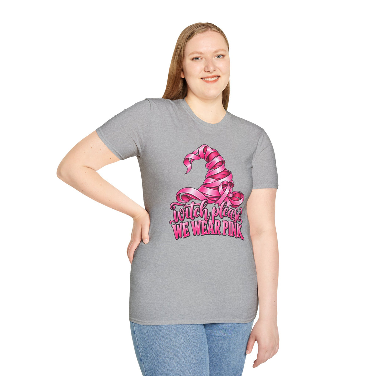Witch Please We Wear Pink T-Shirt — Pink Witch Hat Breast Cancer Awareness Tee