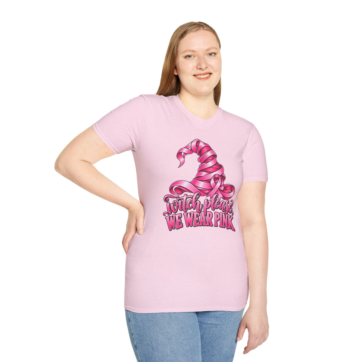 Witch Please We Wear Pink T-Shirt — Pink Witch Hat Breast Cancer Awareness Tee