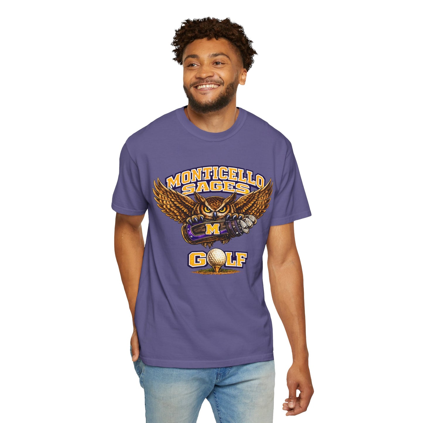 Monticello Sages Golf T-Shirt — Vintage Owl & Wings Team Tee