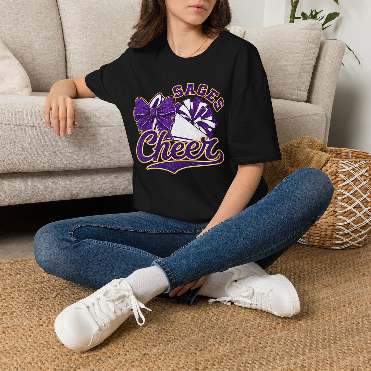 Sages Cheer T‑Shirt — Purple Bow & Pom Design
