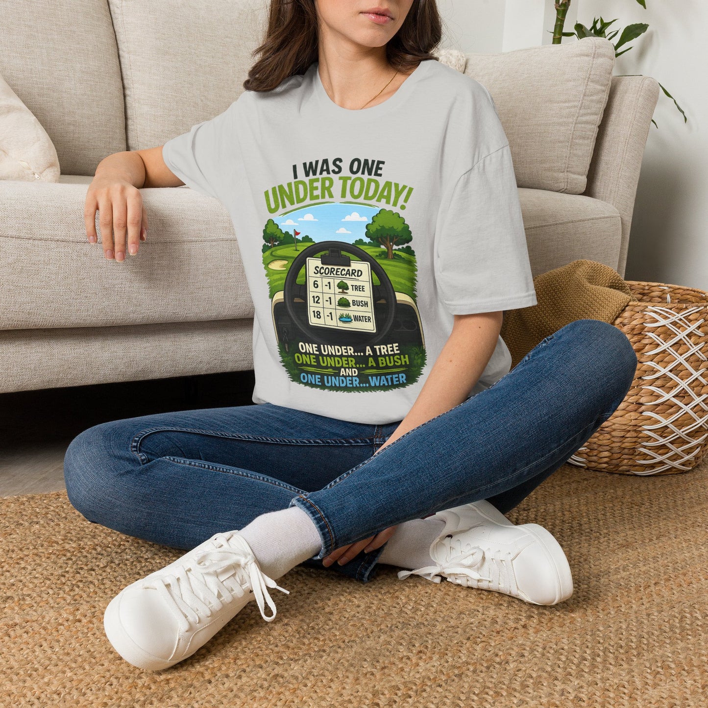 Golf T-Shirt — "I Was One Under Today!" ANIMATED VERSION - Scorecard Golf Humor Shirt