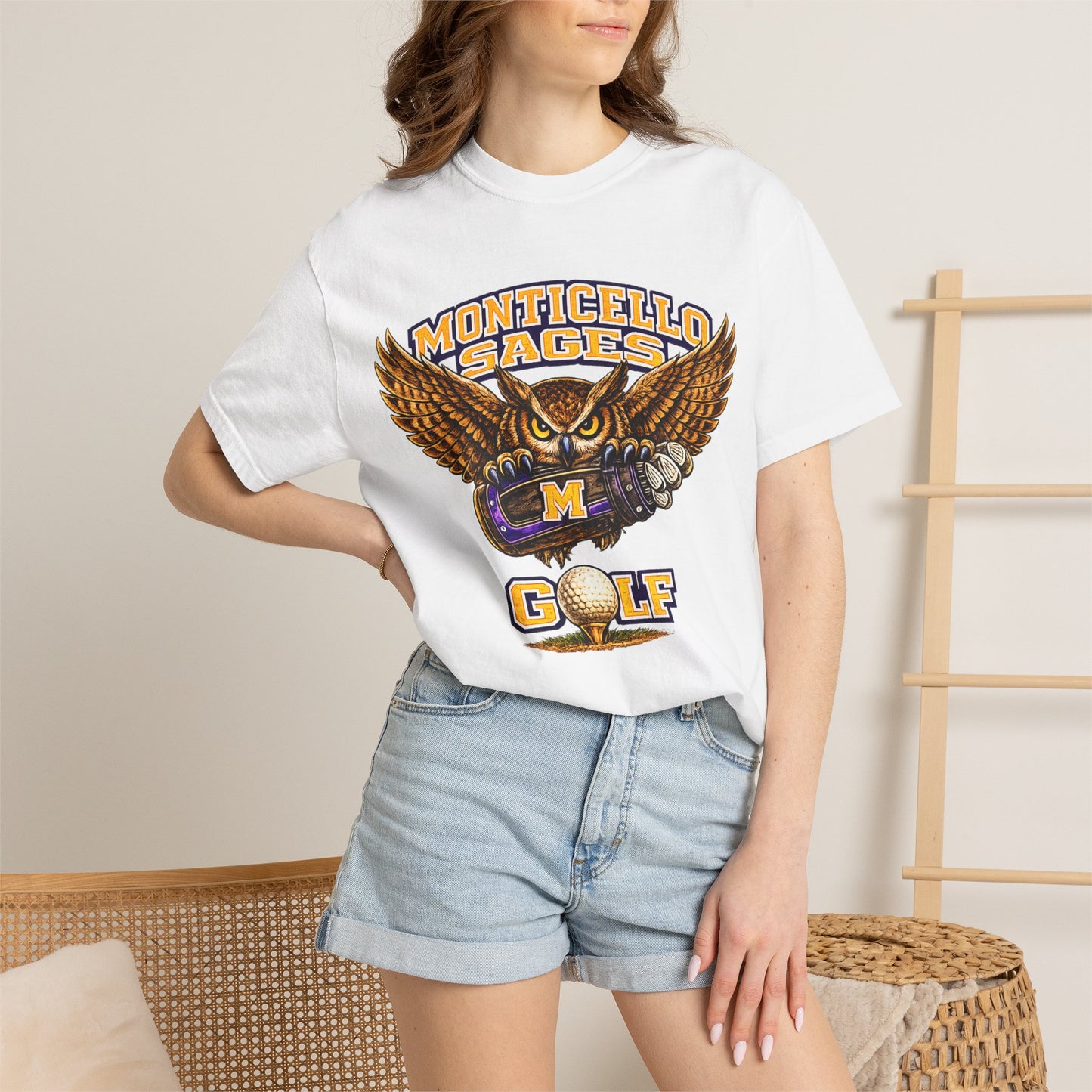 Monticello Sages Golf T-Shirt — Vintage Owl & Wings Team Tee