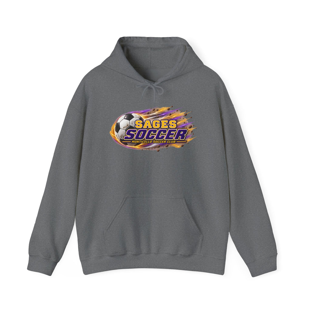 Sages Soccer Hoodie — Purple & Gold Flame Graphic Sweatshirt with Hood