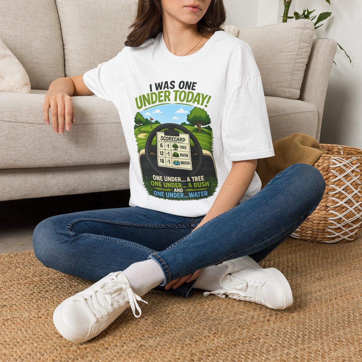 Golf T-Shirt — "I Was One Under Today!" ANIMATED VERSION - Scorecard Golf Humor Shirt