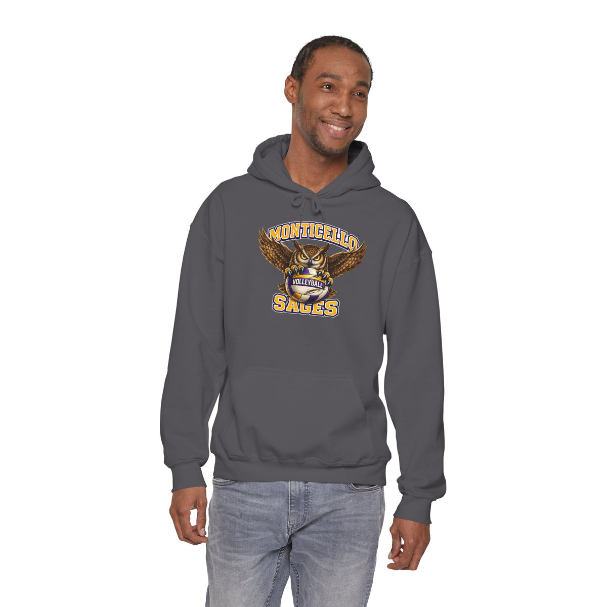 Monticello Sages Volleyball Hoodie — Wingspread Owl Mascot School Sweatshirt
