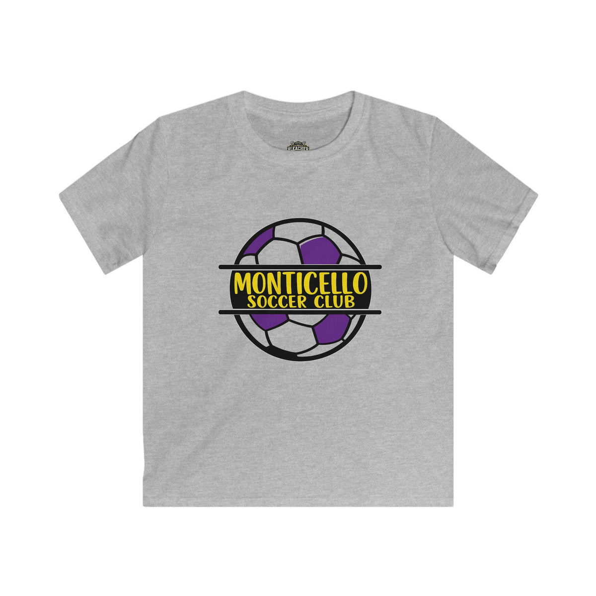 YOUTH Monticello Soccer Club Kids Tee — Youth Soccer Shirt with Purple & Yellow Ball Logo