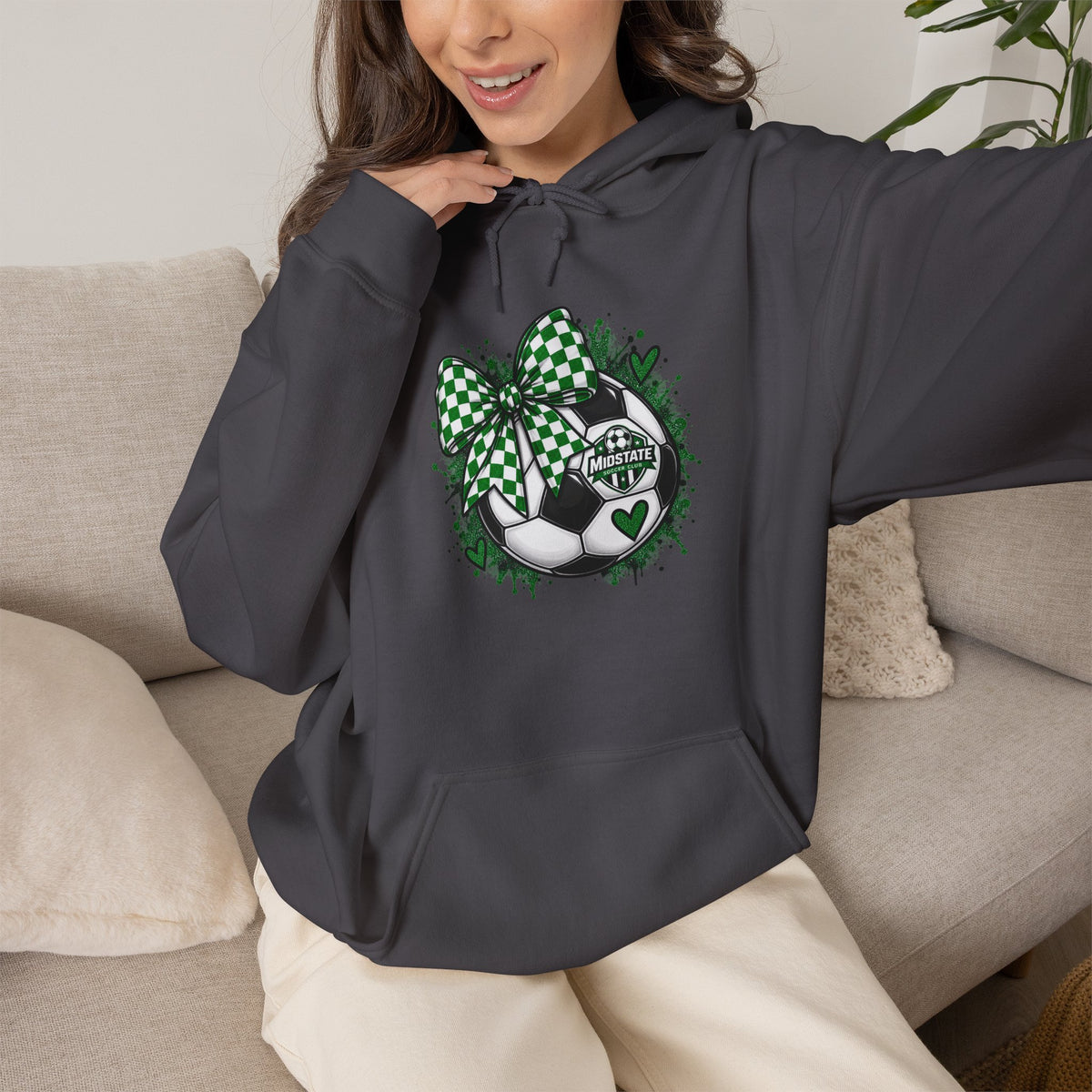 Midstate Soccer Hoodie — Green Plaid Bow Kitty Design