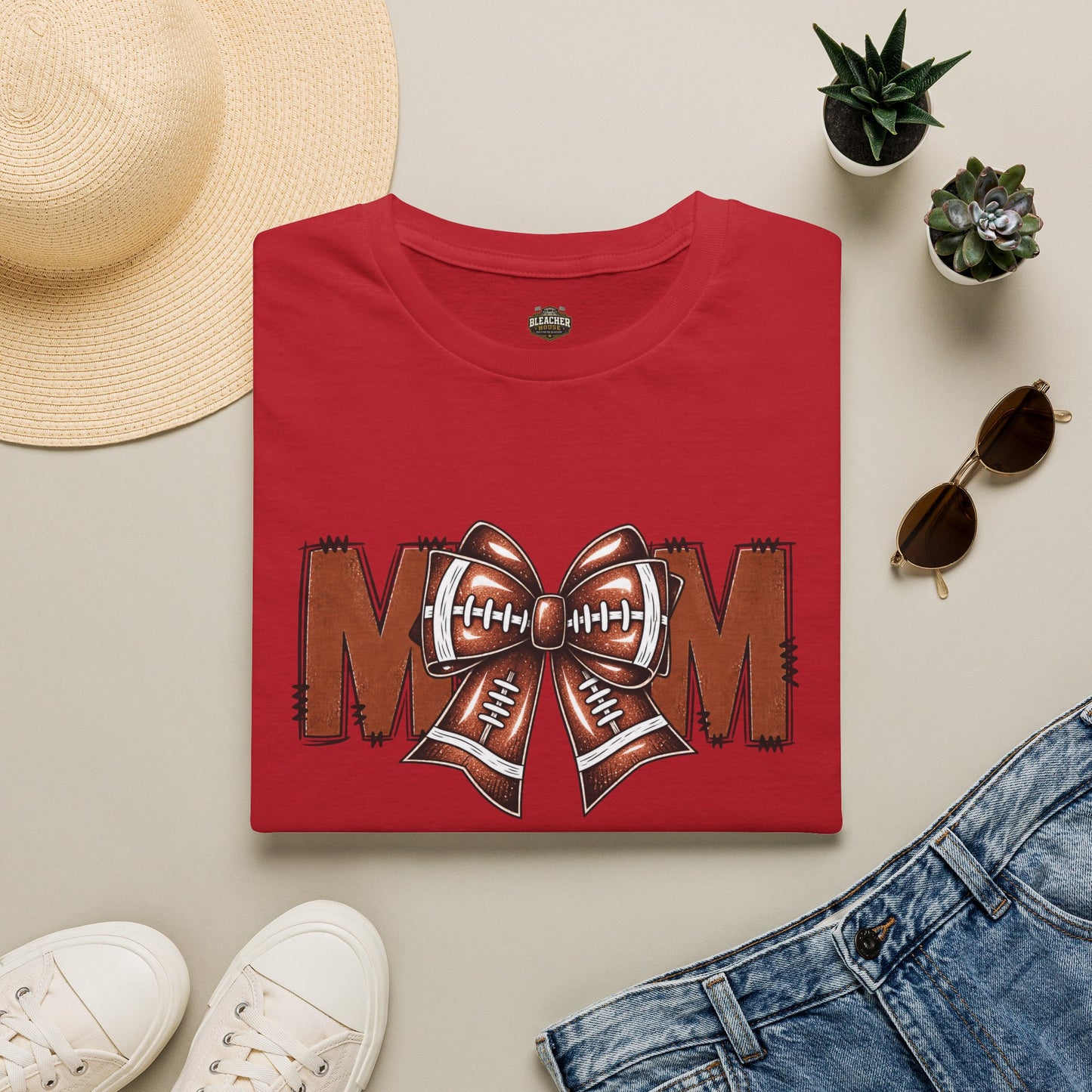 Football Mom T-Shirt — 'MOM' with Football Bow Graphic